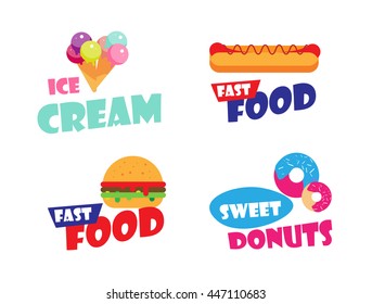 Set of Ice cream logo, burger, hot dog, fast food label for bakery menu, cafe, restaurant. Sweet donuts emblem template