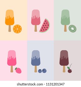 Set of ice cream lollies with orange watermelon kiwi strawberry blueberry cherry vector illustration