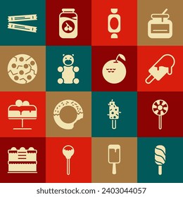 Set Ice cream, Lollipop, Candy, Jelly bear candy, Cookie or biscuit, Sugar stick packets and Apple icon. Vector