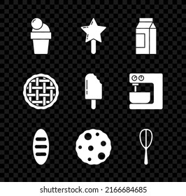 Set Ice cream, Lollipop, Paper package for milk, Bread loaf, Cookie biscuit, Kitchen whisk, Homemade pie and  icon. Vector