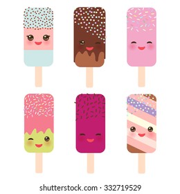 set ice cream, ice lolly Kawaii with pink cheeks and winking eyes, pastel colors on white background. Vector