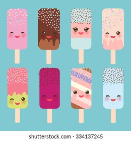 set ice cream, ice lolly Kawaii with pink cheeks and winking eyes, pastel colors on light blue background. Vector