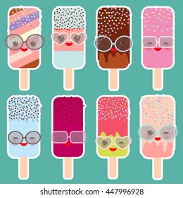 set ice cream, ice lolly Kawaii with sunglasses pink cheeks and winking eyes, pastel colors on blue background. Vector