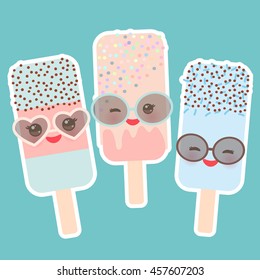set ice cream, ice lolly Kawaii with sunglasses pink cheeks and winking eyes, pastel colors on light blue background. Vector
