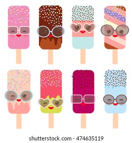 set ice cream, ice lolly Kawaii with sunglasses pink cheeks and winking eyes, pastel colors on white background. Vector