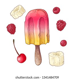 Set of Ice cream made of fresh fruits, popsicle banana raspberry cherry