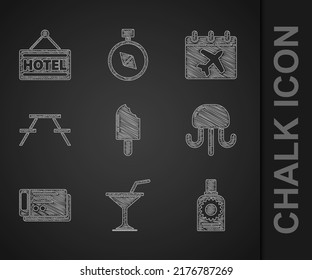 Set Ice cream, Martini glass, Sunscreen spray bottle, Jellyfish, Travel ticket, Picnic table with benches, Calendar and airplane and Signboard text Hotel icon. Vector