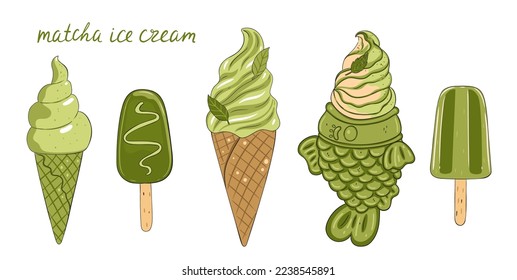 Set of ice cream with matcha isolated on white background. Vector graphics.