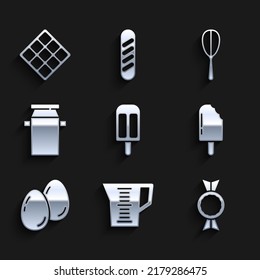 Set Ice cream, Measuring cup, Candy, Easter eggs, container for milk, Kitchen whisk and Waffle icon. Vector