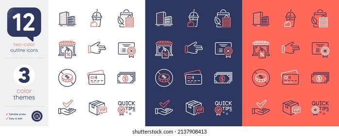 Set of Ice cream milkshake, Dermatologically tested and Buildings line icons. Include Banking, Vip parcel, No cash icons. Quick tips, Reject certificate, Bio shopping web elements. Card. Vector