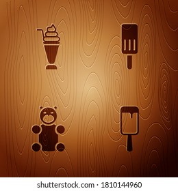 Set Ice cream, Milkshake, Jelly bear candy and  on wooden background. Vector