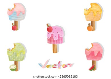 Set of ice cream mint,cherry,orange,coconut and watermelon tastes 