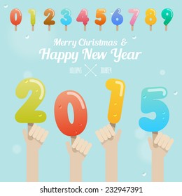 set of ice cream number with hand up on merry christmas and happy new year 2015 concept vector