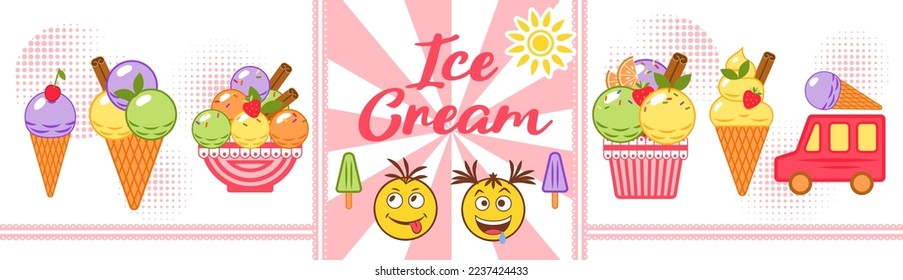 Conjunto de helados, emoticonos en un estilo minimalista. Fondo radial con banda de encaje, texto y sol.