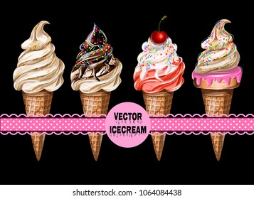 Set of ice cream on the black background. Candy vector illustration.