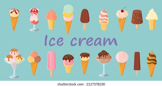 A set of ice cream on a blue background .Sweet summer dessert.Vector illustration.A set of ice cream with different flavors, textures and fillers.
