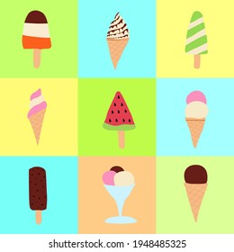 Conjunto de helados sobre un fondo de color. La ilustración puede utilizarse como un patrón sin fisuras.