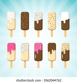 Set of Ice Cream on Stick in Many Flavor. Ice Creams are Chocolate, Vanilla and Strawberry with various Topping