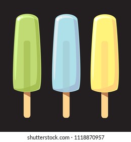 A set of ice cream on a stick. Kiwi, blueberry, mango, orange ice cream. Hot summer and cold ice cream. Summer treat. Isolated objects. 1