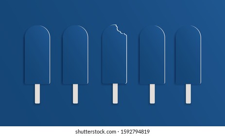 Set of ice cream on a stick in a row on a classic blue color background. One ice cream with bite marks or tooth marks