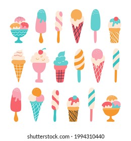 A set of ice cream on a stick, in a waffle cup, a cone. Fruit, colorful. Vector illustration in a flat style on a white background. Decor for children's room, posters, stickers, wrapping paper, fabric