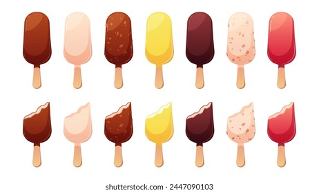 Set of ice cream on stick in glaze. Milk chocolate, white chocolate, dark chocolate, red and yellow icing. Vector collection of icons