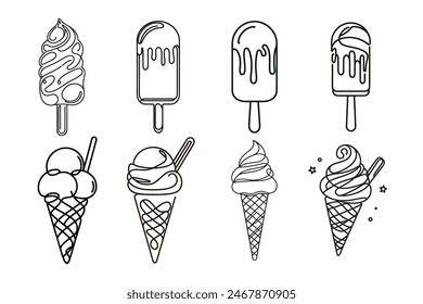 Set Ice cream on a stick and in a waffle cone in one continuous pattern. vector illustration