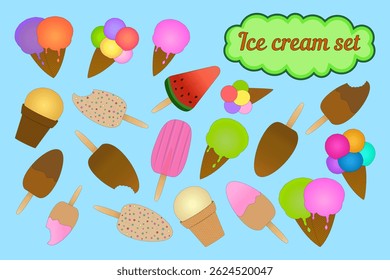 Set of ice cream - on a stick, in a waffle cone, in a cup, and in the form of watermelon on a blue background. Ice cream whole and bitten off, with teeth marks - fruit, chocolate, and with topping.