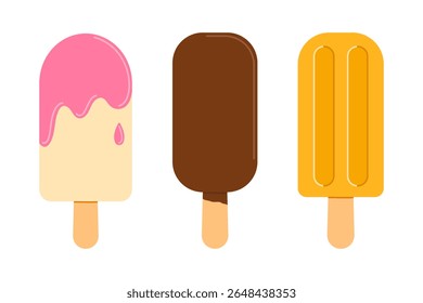 Set of ice cream on stick. Frozen juice on wooden stick, fruity popsicle and chocolate ice cream. Summer dessert. Flat vector isolated illustration