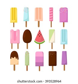 Set of ice cream on a stick with fruit, ice lollies. Vector illustration in a flat style cartoon for design summer menu, party