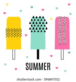 Set of ice cream on a stick with fruit. Vector illustration  in a flat retro memphis style. 