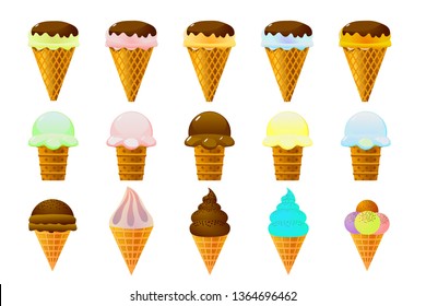 Set of ice cream on a white background. Ice cream in waffle cups. Vector illustration