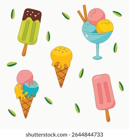 set with ice cream on white background, popsicle, cone, balls