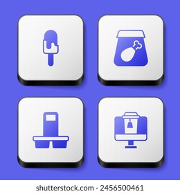 Set Ice cream, Online ordering meal, Coffee cup to go and food icon. White square button. Vector