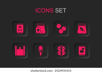 Set Ice cream, Online ordering food, Soda can, Lunch box, fish, Cookie biscuit and  icon. Vector