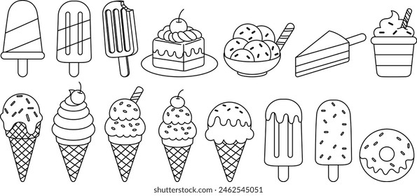 Set of ice cream outline doodle coloring page isolated on white background. Summer coloring book for kids