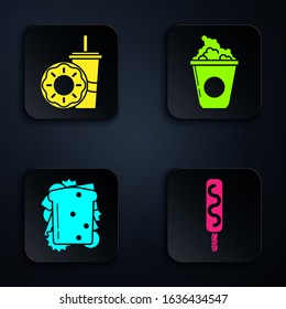 Set Ice cream, Paper glass with drinking straw and donut, Sandwich and Popcorn in cardboard box. Black square button. Vector