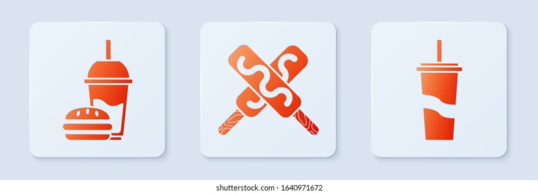 Set Ice cream, Paper glass with drinking straw and burger and Paper glass with drinking straw and water. White square button. Vector