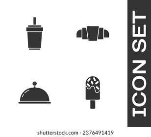 Set Ice cream, Paper glass with straw, Covered tray and Croissant icon. Vector