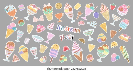 Set of ice cream party stickers Vector designed in pastel tones. can be adapted to a variety of applications such as Scrapbook, cover, art for kids, summer themed decorations, mug designs, pillows