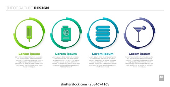 Set Ice cream, Passport with ticket, Towel stack and Martini glass. Business infographic template. Vector