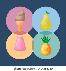 set of ice cream with pineapple and pear
