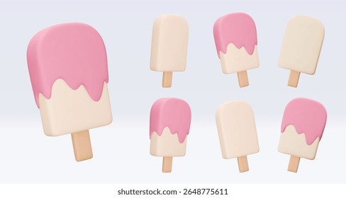 Set Ice cream with pink fruit glaze, icon, 3d render. Design elements. Realistic fast food icon. Sweet food. Vector illustration isolated on white for menu, shop, flyer, banner, web, adv, sale