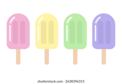 Set of ice cream in pink, yellow, green, purple.Popsicle sticks collection in pastel colors isolated on white background.Vector graphic illustration.Summer element. 