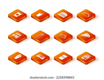 Set Ice cream, Pizza in cardboard box, Fast street food cart, Burrito, Beer can, Taco with tortilla, Pizzeria building facade and Slice of pizza icon. Vector