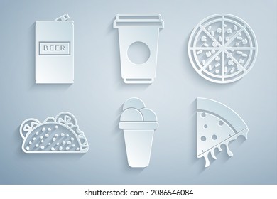 Set Ice cream, Pizza, Taco with tortilla, Slice of pizza, Coffee cup and Beer can icon. Vector