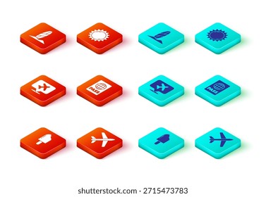 Set Ice cream, Plane, Speech bubble with airplane, Passport, Sun and Surfboard icon. Vector