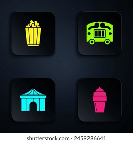 Set Ice cream, Popcorn in box, Circus tent and wagon. Black square button. Vector