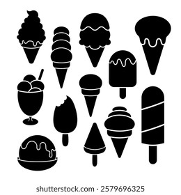 Set of Ice Cream and Popsicle Designs Silhouettes Vector Illustration. The designs include soft-serve cones, scooped ice cream in cones, popsicles with drips, ice cream in bowls, and sundaes.