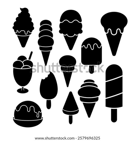 Set of Ice Cream and Popsicle Designs Silhouettes Vector Illustration. The designs include soft-serve cones, scooped ice cream in cones, popsicles with drips, ice cream in bowls, and sundaes.